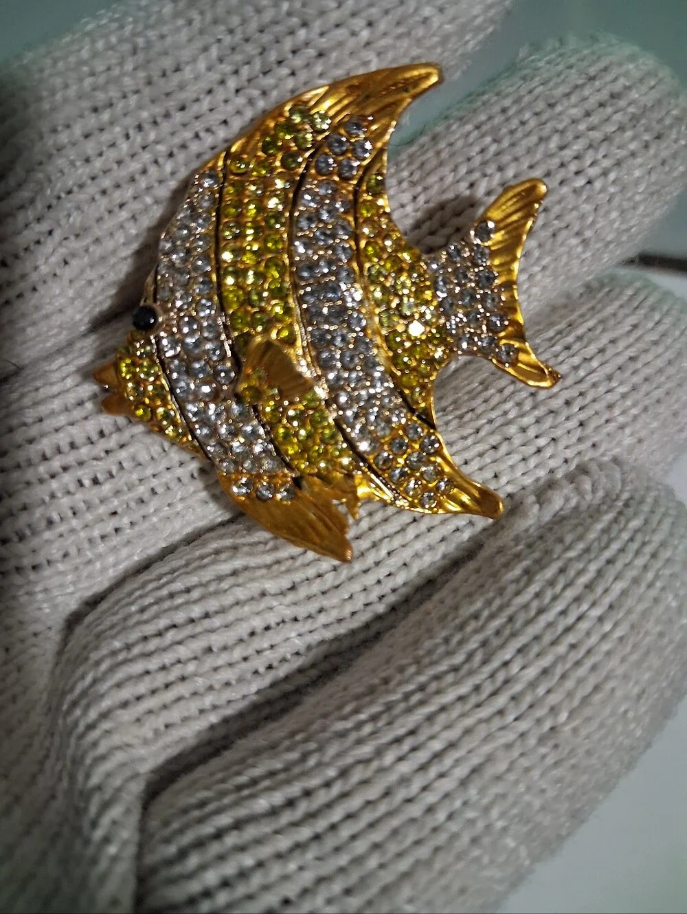 Gold-Tone Crystal Fish Pin Brooch in Yellow and Clear